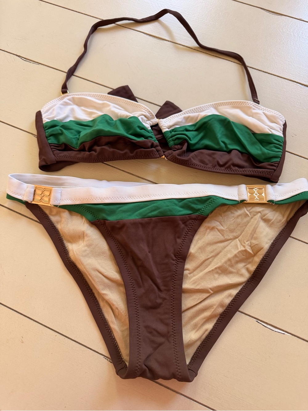 BCBGMaxAzria Brown, Green & White Colorblock Bikini